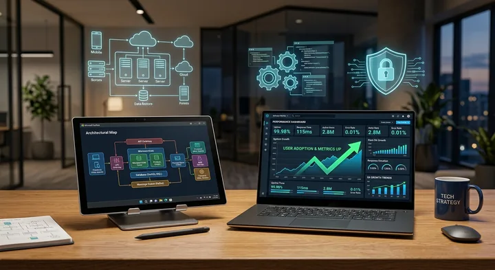 Tablet com mapa de arquitetura de software e notebook com painel de métricas, sob hologramas de nuvem, engrenagens e segurança digital