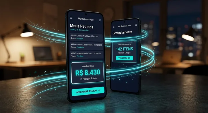 Dois smartphones exibindo um aplicativo de pedidos e gerenciamento de estoque